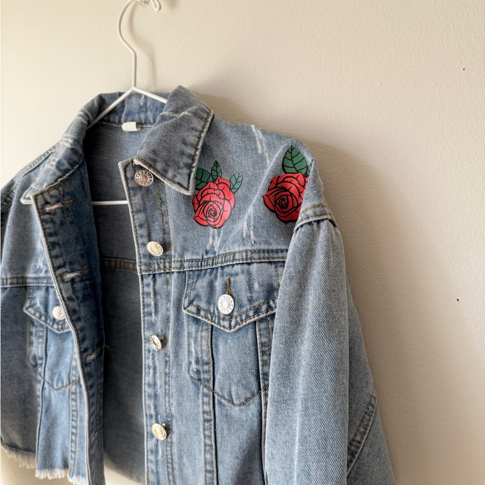 Mega Cropped Denim Jacket with Rose Embroidery by Lulu Simone - Picture 10 of 14